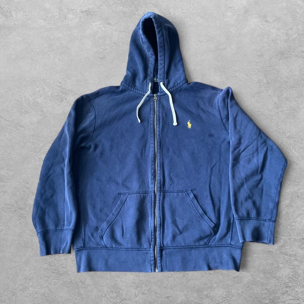 Polo Ralph Lauren Mens Waffle Full Zip Hoodie Navy XL Yellow Pony